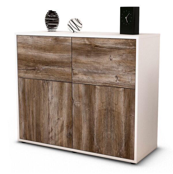Sideboard Calliope | Korpus Weiß | Front in Treibholz Holz Optik | 92x79x35cm (BxHxT)