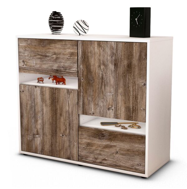 Sideboard Carlotta | Korpus Weiß | Front in Treibholz Holz Optik | 92x79x35cm (BxHxT)