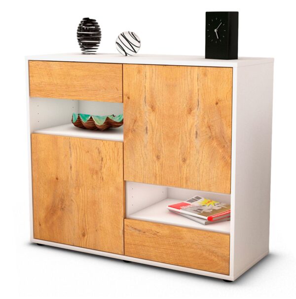 Sideboard Carmelina | Korpus Weiß | Front in Eiche Holz Optik | 92x79x35cm (BxHxT)