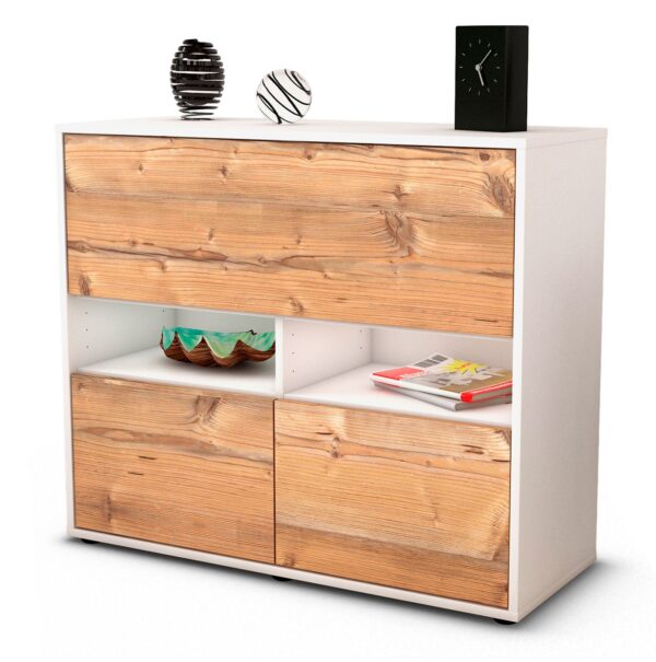 Sideboard Cassandra | Korpus Weiß | Front in Pinie Holz Optik | 92x79x35cm (BxHxT)