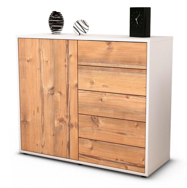 Sideboard Cecilia | Korpus Weiß | Front in Pinie Holz Optik | 92x79x35cm (BxHxT)