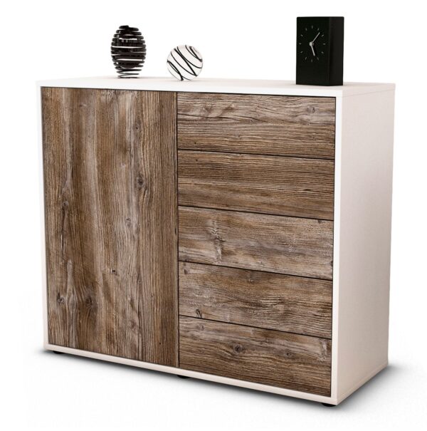 Sideboard Cecilia | Korpus Weiß | Front in Treibholz Holz Optik | 92x79x35cm (BxHxT)