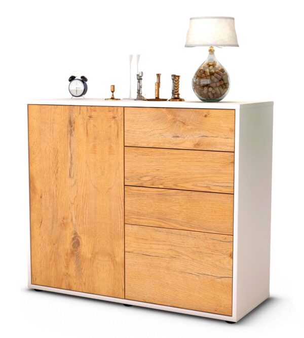 Sideboard Celestina | Korpus Weiß | Front in Eiche Holz Optik | 92x79x35cm (BxHxT)