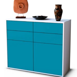 Sideboard Celia | Korpus Weiß | Front in Türkis | 92x79x35cm (BxHxT)
