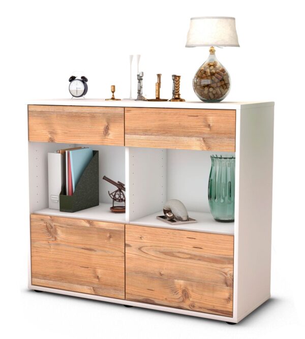 Sideboard Christina | Korpus Weiß | Front in Pinie Holz Optik | 92x79x35cm (BxHxT)