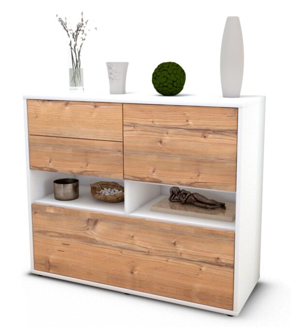 Sideboard Cornelia | Korpus Weiß | Front in Pinie Holz Optik | 92x79x35cm (BxHxT)