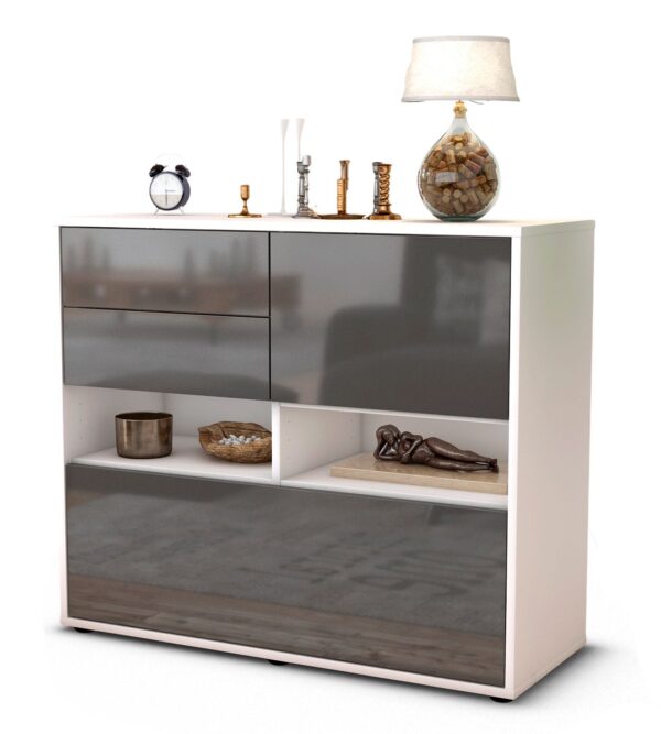 Sideboard Cornelia | Korpus Weiß | Front in Hochglanz Grau | 92x79x35cm (BxHxT)