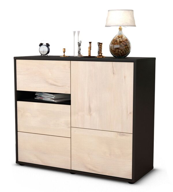 Sideboard Davina | Korpus Anthrazit | Front in Zeder Holz Optik | 92x79x35cm (BxHxT)