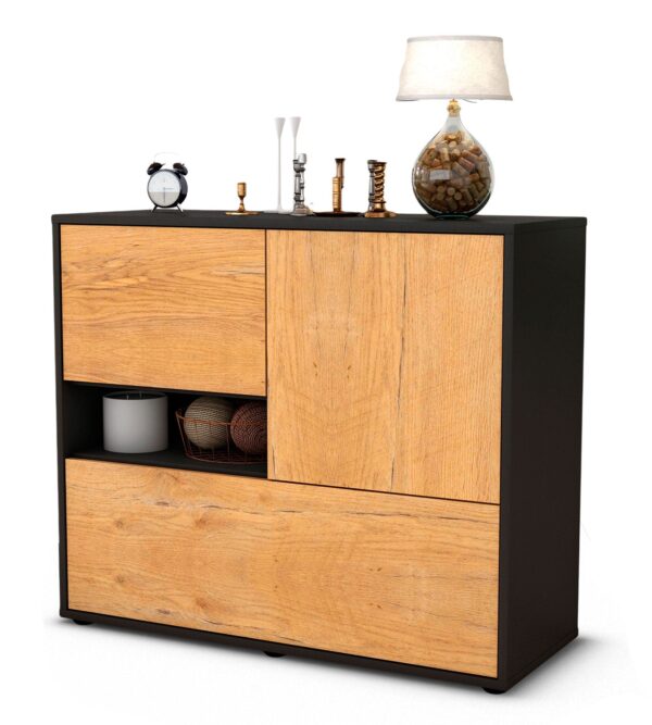 Sideboard Debora | Korpus Anthrazit | Front in Eiche Holz Optik | 92x79x35cm (BxHxT)