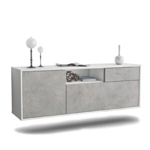 Lowboard Atlanta | hängend | Korpus Weiß | Front in Beton Optik | 136x49x35cm (BxHxT)