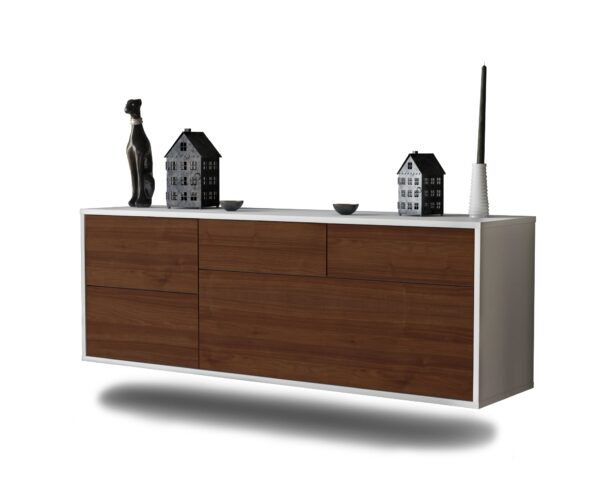 Lowboard Fresno | hängend | Korpus Weiß | Front in Walnuss Holz Optik | 136x49x35cm (BxHxT)