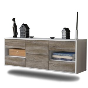 Lowboard Wichita | hängend | Korpus Weiß | Front in Treibholz Holz Optik | 136x49x35cm (BxHxT)