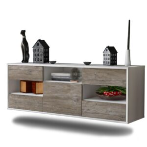 Lowboard St. Louis | hängend | Korpus Weiß | Front in Treibholz Holz Optik | 136x49x35cm (BxHxT)