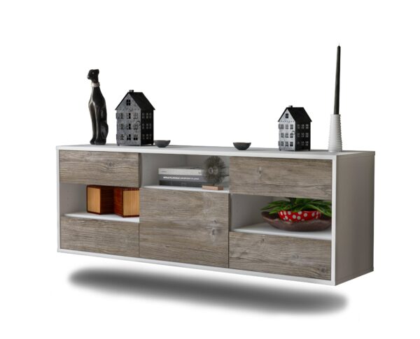 Lowboard St. Louis | hängend | Korpus Weiß | Front in Treibholz Holz Optik | 136x49x35cm (BxHxT)