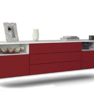 Lowboard Krefeld | hängend | Korpus Weiß | Front in Bordeaux | 180x49x35cm (BxHxT)
