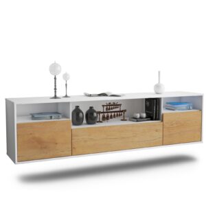 Lowboard Winston-Salem | hängend | Korpus Weiß | Front in Eiche Holz Optik | 180x49x35cm (BxHxT)