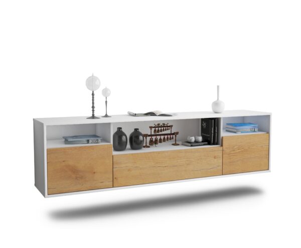 Lowboard Winston-Salem | hängend | Korpus Weiß | Front in Eiche Holz Optik | 180x49x35cm (BxHxT)