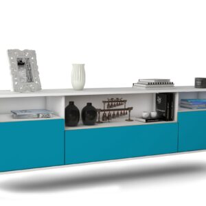 Lowboard Winston-Salem | hängend | Korpus Weiß | Front in Türkis | 180x49x35cm (BxHxT)