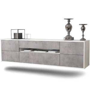 Lowboard Reno | hängend | Korpus Weiß | Front in Beton Optik | 180x49x35cm (BxHxT)