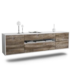 Lowboard Reno | hängend | Korpus Weiß | Front in Treibholz Holz Optik | 180x49x35cm (BxHxT)
