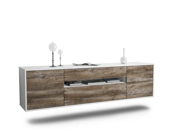 Lowboard Reno | hängend | Korpus Weiß | Front in Treibholz Holz Optik | 180x49x35cm (BxHxT)
