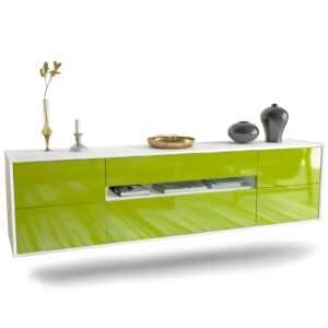 Lowboard Reno | hängend | Korpus Weiß | Front in Hochglanz Grün | 180x49x35cm (BxHxT)