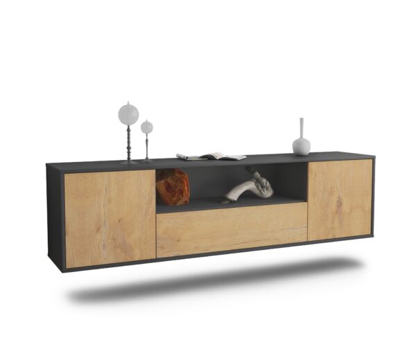 Lowboard Bakersfield | hängend | Korpus Anthrazit | Front in Eiche Holz Optik | 180x49x35cm (BxHxT)