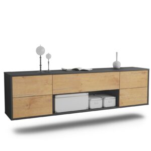 Lowboard Lincoln | hängend | Korpus Anthrazit | Front in Eiche Holz Optik | 180x49x35cm (BxHxT)
