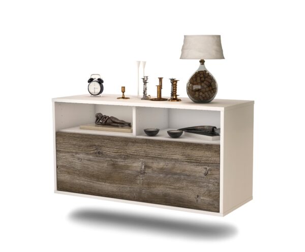 Lowboard Dallas | hängend | Korpus Weiß | Front in Treibholz Holz Optik | 92x49x35cm (BxHxT)