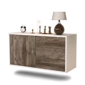 Lowboard Fort Worth | hängend | Korpus Weiß | Front in Treibholz Holz Optik | 92x49x35cm (BxHxT)