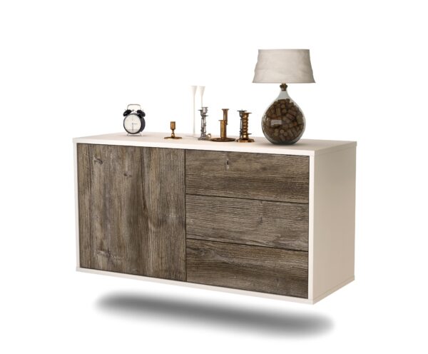 Lowboard Fort Worth | hängend | Korpus Weiß | Front in Treibholz Holz Optik | 92x49x35cm (BxHxT)