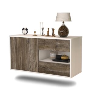 Lowboard Charlotte | hängend | Korpus Weiß | Front in Treibholz Holz Optik | 92x49x35cm (BxHxT)