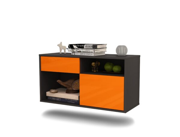 Lowboard Indianapolis | hängend | Korpus Anthrazit | Front in Hochglanz Orange | 92x49x35cm (BxHxT)