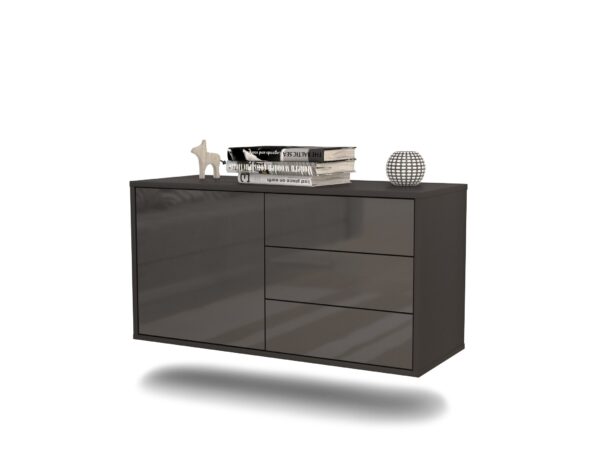 Lowboard Fort Worth | hängend | Korpus Anthrazit | Front in Hochglanz Grau | 92x49x35cm (BxHxT)