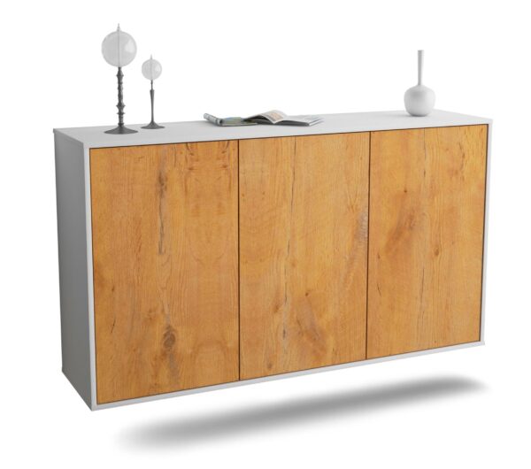 Sideboard Chattanooga | hängend | Korpus Weiß | Front in Eiche Holz Optik | 136x79x35cm (BxHxT)