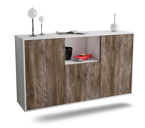 Sideboard Overland Park | hängend | Korpus Weiß | Front in Treibholz Holz Optik | 136x79x35cm (BxHxT)