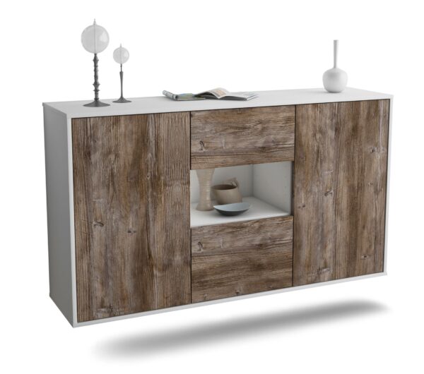 Sideboard Tallahassee | hängend | Korpus Weiß | Front in Treibholz Holz Optik | 136x79x35cm (BxHxT)