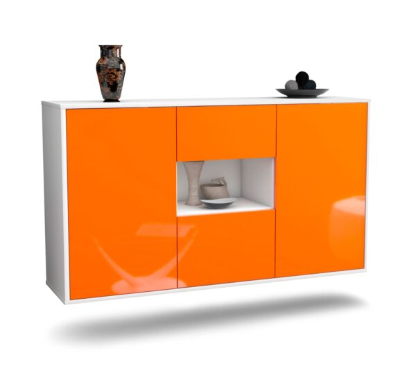 Sideboard Tallahassee | hängend | Korpus Weiß | Front in Hochglanz Orange | 136x79x35cm (BxHxT)