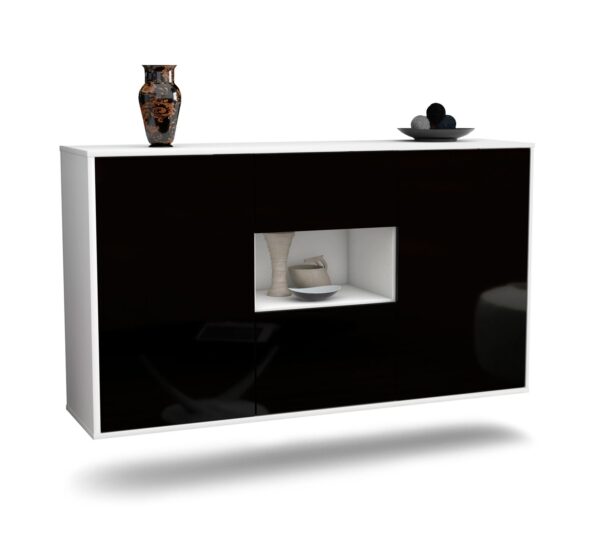 Sideboard Tallahassee | hängend | Korpus Weiß | Front in Hochglanz Schwarz | 136x79x35cm (BxHxT)