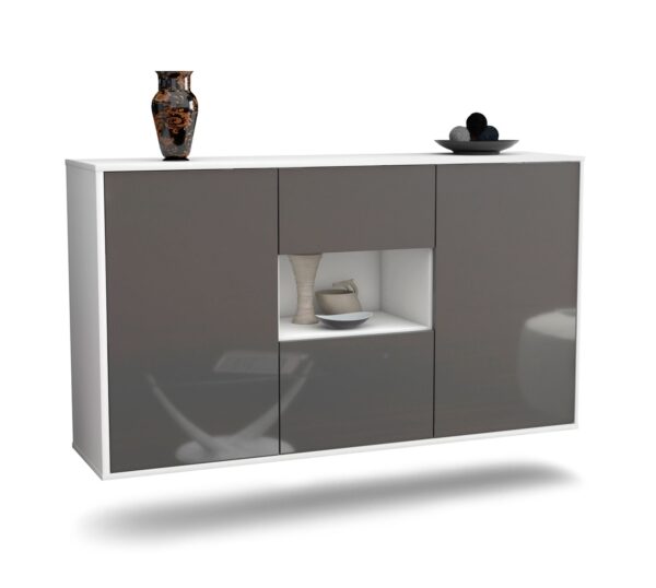 Sideboard Tallahassee | hängend | Korpus Weiß | Front in Hochglanz Grau | 136x79x35cm (BxHxT)