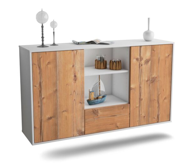 Sideboard Oceanside | hängend | Korpus Weiß | Front in Pinie Holz Optik | 136x79x35cm (BxHxT)