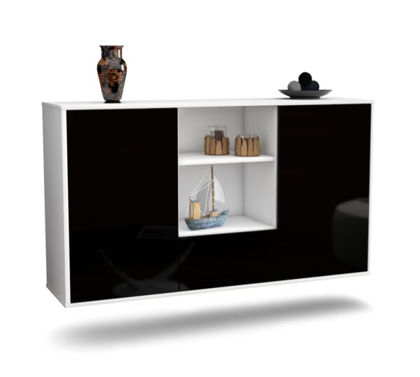 Sideboard Oceanside | hängend | Korpus Weiß | Front in Hochglanz Schwarz | 136x79x35cm (BxHxT)