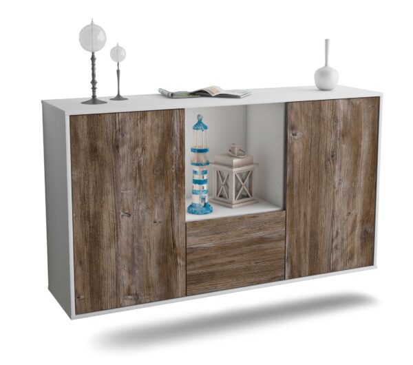 Sideboard Garden Grove | hängend | Korpus Weiß | Front in Treibholz Holz Optik | 136x79x35cm (BxHxT)