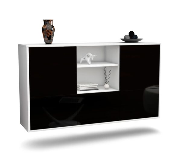 Sideboard Grand Prairie | hängend | Korpus Weiß | Front in Hochglanz Schwarz | 136x79x35cm (BxHxT)