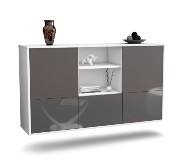 Sideboard Grand Prairie | hängend | Korpus Weiß | Front in Hochglanz Grau | 136x79x35cm (BxHxT)
