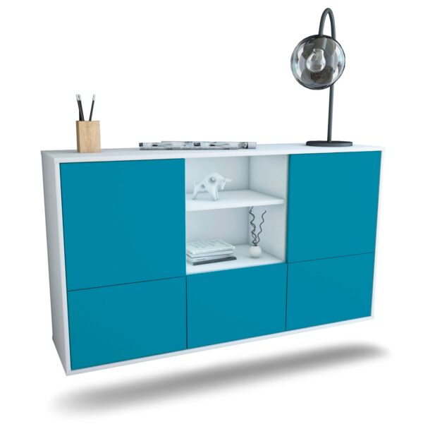 Sideboard Grand Prairie | hängend | Korpus Weiß | Front in Türkis | 136x79x35cm (BxHxT)