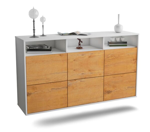 Sideboard Cape Coral | hängend | Korpus Weiß | Front in Eiche Holz Optik | 136x79x35cm (BxHxT)