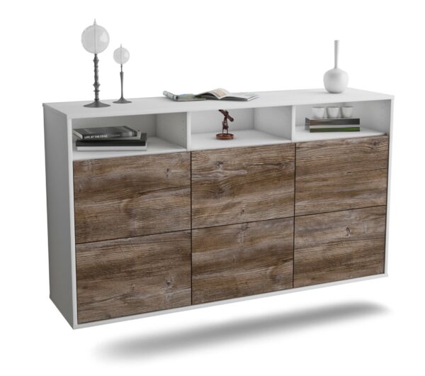 Sideboard Cape Coral | hängend | Korpus Weiß | Front in Treibholz Holz Optik | 136x79x35cm (BxHxT)