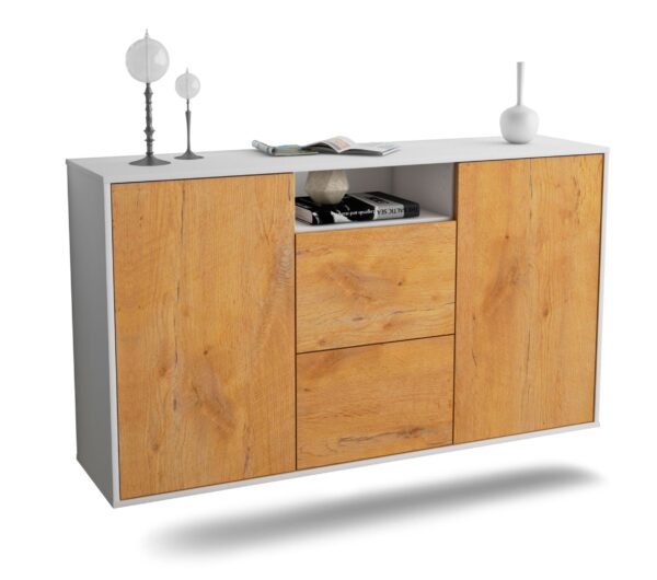 Sideboard Dayton | hängend | Korpus Weiß | Front in Eiche Holz Optik | 136x79x35cm (BxHxT)