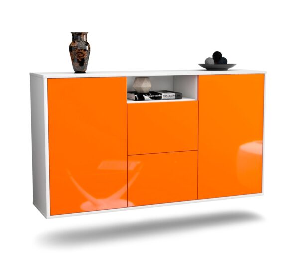 Sideboard Dayton | hängend | Korpus Weiß | Front in Hochglanz Orange | 136x79x35cm (BxHxT)